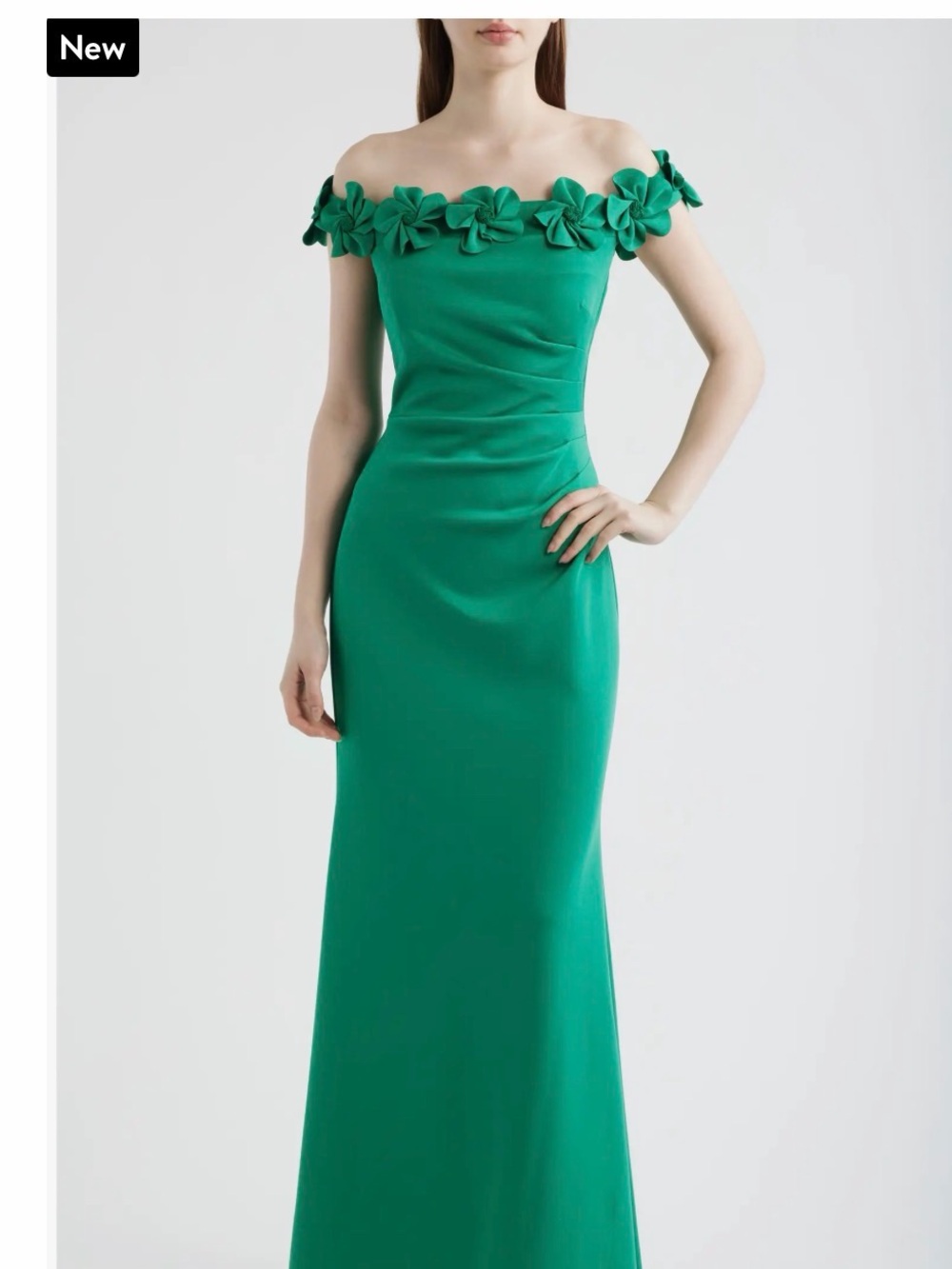 Eliza J Emerald Off-Shoulder Floral Appliqué Gown